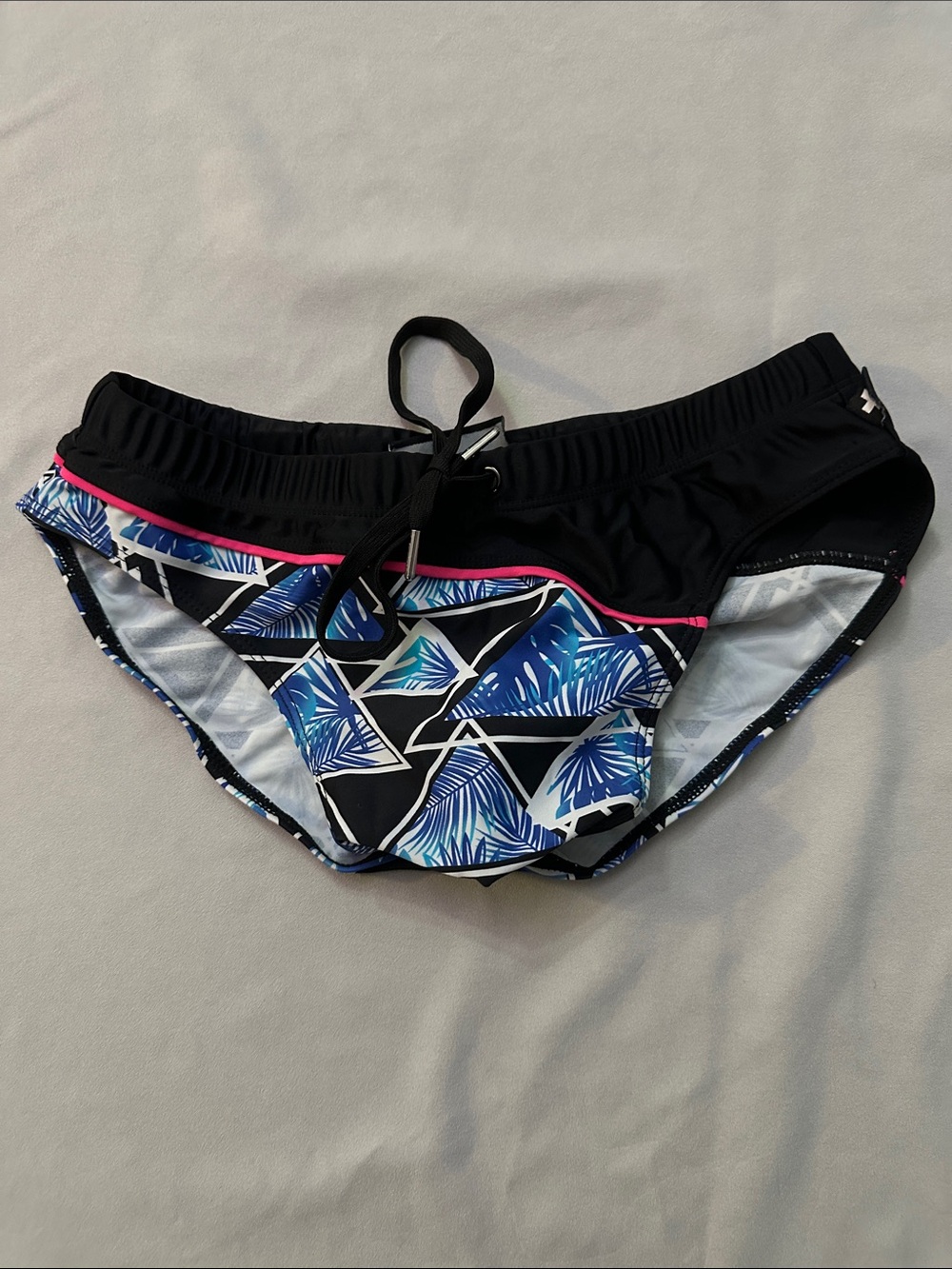 Andrew Christian Black Swim Trunks with Blue Palm Print and Pink Trim